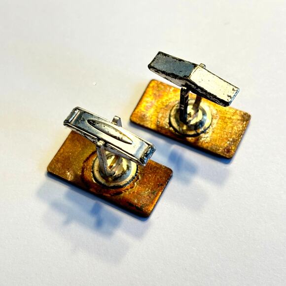 Enamel & copper cufflinks vintage mid century artisan unique rectangles dark red - Picture 4 of 5